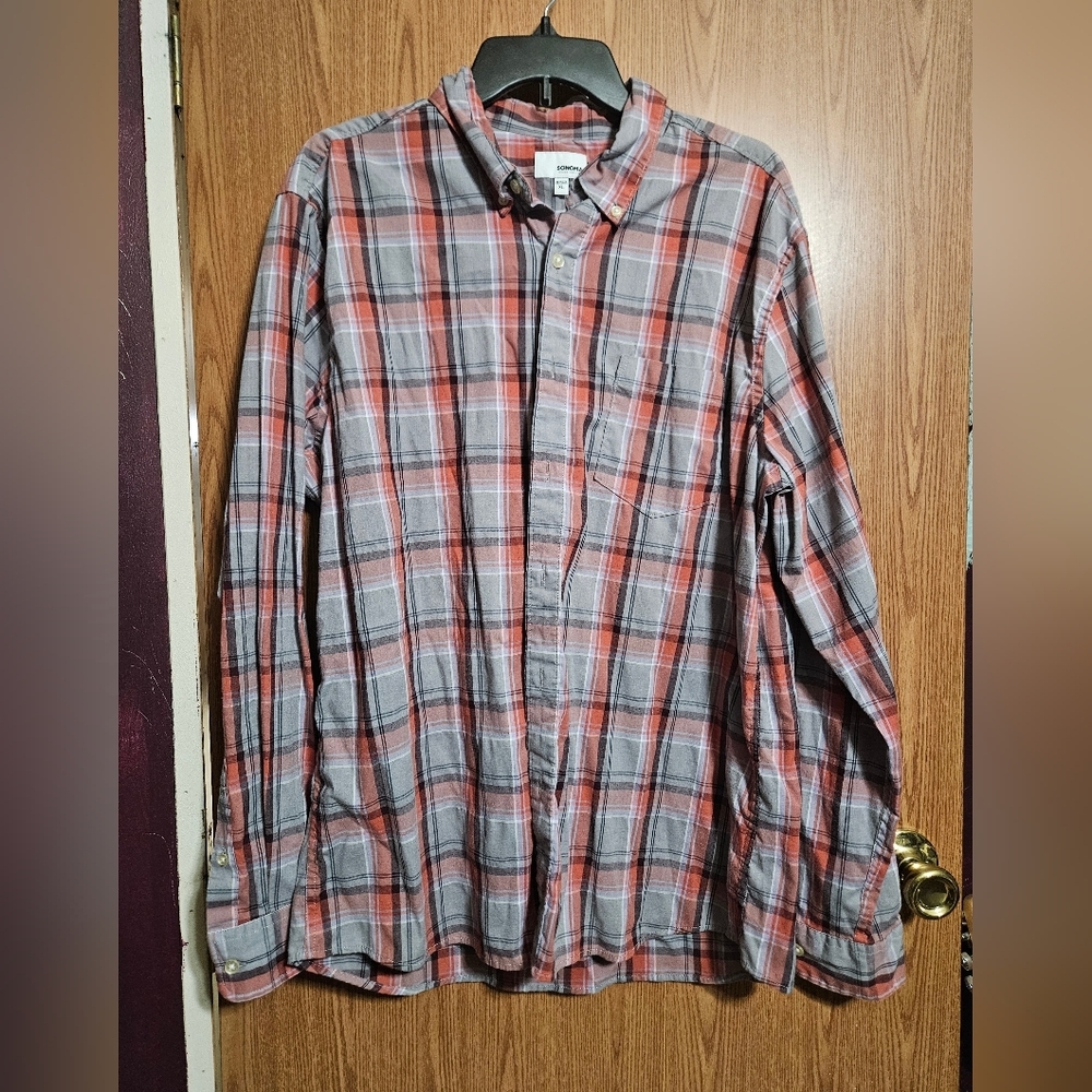 Sonoma Mens Western Orange Gray Plad Button Down Shirt Size XL Roll Tab Sleeves!